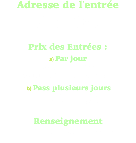 Adresse de l'entrée 2 rue du Village 5560 Finnevaux (Houyet) Prix des Entrées : a) Par jour - Adultes 20 € Gratuit pour les enfants de - 16 ans b) Pass plusieurs jours - 2 jours : 35 € - 3 jours : 45 €   Renseignement Téléphone : 0495/ 43 00 56 